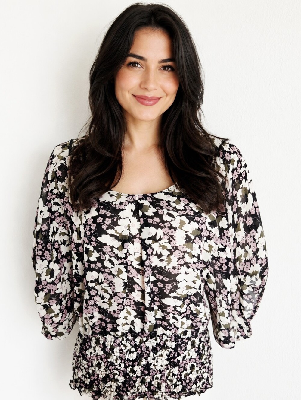 Charlotte Russe Black White & Purple Floral Top Dolman Sleeves Shirred Hem, Lge